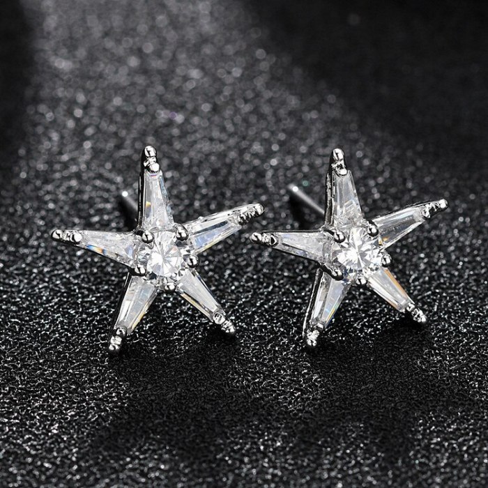 Copper Alloy Inlaid Zircon Five-Star Women's Earrings Plated Platinum Stud Earrings Champagne Gold Jewelry Qxwe1168