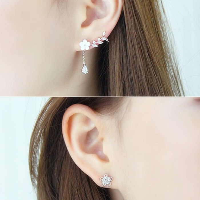 Asymmetric Flower  Stud Earring New Style Earrings Elegant Zircon Drop Earring Pendant Silver Pin Qxwe859