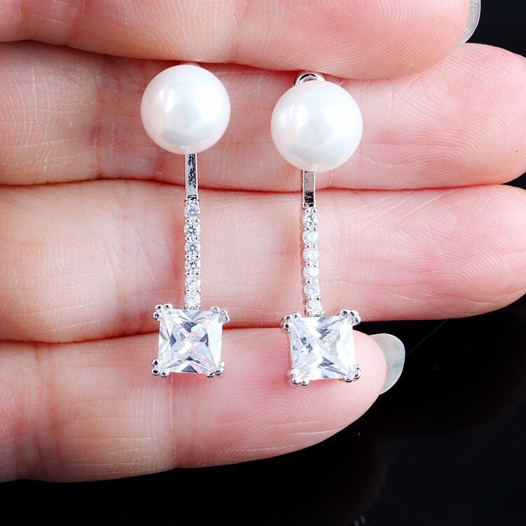 Two-Piece Fashion  Stud Earring Korean-Style AAA Zircon  Stud Earrings S925 Silver Pin Pearl Earring Jewelry Qxwe694