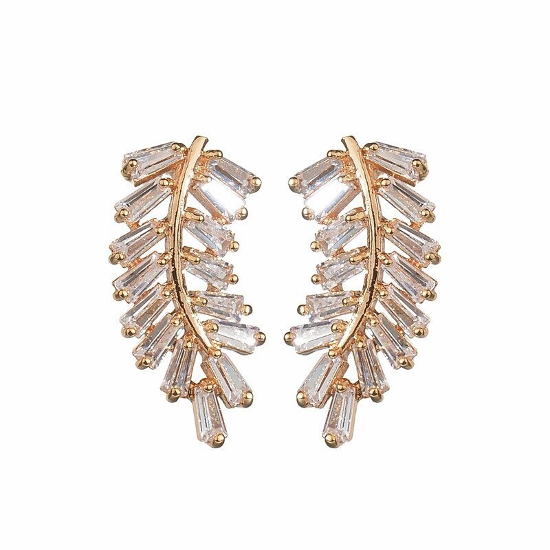 Fashion Trend Leaf-Shaped Earrings Zircon Earring Korean Style Cool 925 Ear Pin Champagne Gold  Stud Earring Qxwe961