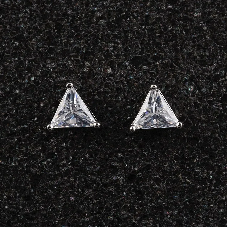 Simple Triangle AAA Zircon Stud Earrings Plated White Gold Female Black Shiny Couple's Earrings Jewelry All-match Qxwe458