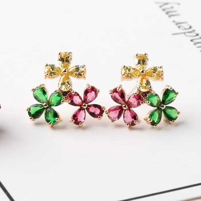 Colorful Flower Ear Stud Earrings AAA Gemstone Inlaid Ear Stud 925 Sterling Silver Ear Pin Delicate Earrings Qxwe1181
