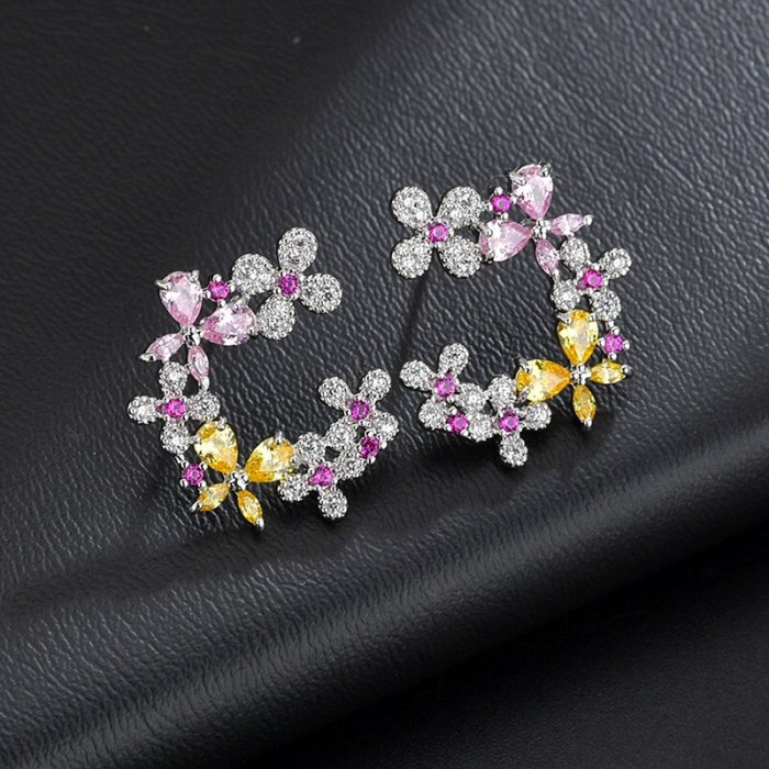 New Style Copper Inlaid Colorful AAA Zircon Floral  Stud Earrings 925 Sterling Silver Needle Earrings Jewelry Qxwe1276
