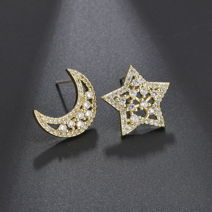 S925 Sterling Silver Stud Earrings Copper Inlaid Zircon Earrings Star Moon Asymmetric Earrings Jewelry Qxwe0577