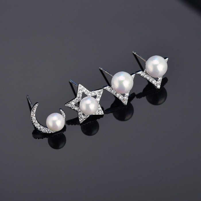 Korean of The 925 Sterling Silver Needle Pearl Stud Earrings Simple Temperament Star Month Ear Stud Female Earrings QxWE0563
