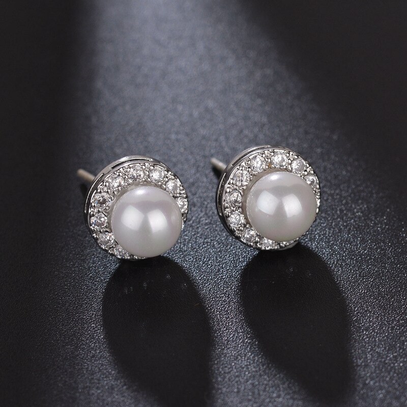 Pearl Zircon Earrings Inlaid with Korean-Style Fashionable Simple Girl's Stud Earrings 925 Silver Pin Qxwe794