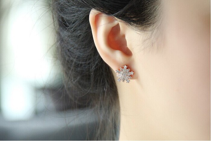 Korean Style Snowflake Stud Earrings Elegant Female All-match 925 Sterling Silver Pin Zircon Earrings Jewelry Qxwe681