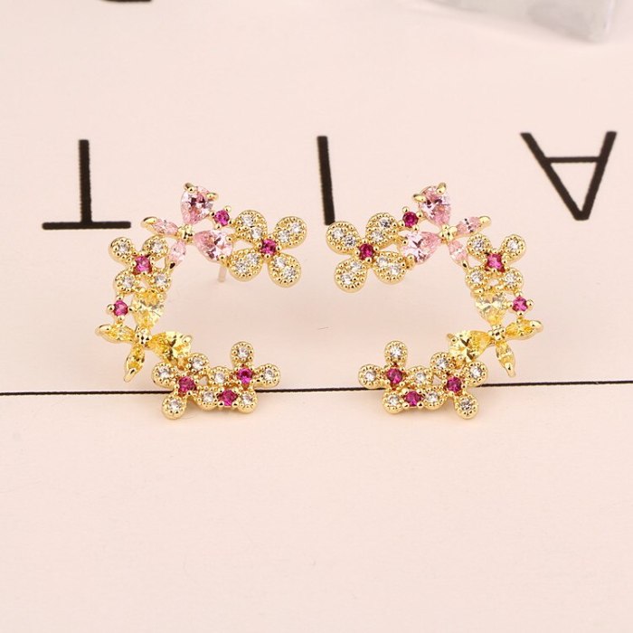 New Style Copper Inlaid Colorful AAA Zircon Floral  Stud Earrings 925 Sterling Silver Needle Earrings Jewelry Qxwe1276