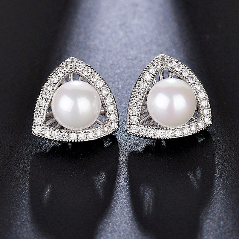 S925 Sterling Silver Needle Stud Earrings Fashion Pearl Stud Earrings Cool All-match Triangle Inlaid Zircon Jewelry Qxwe1109