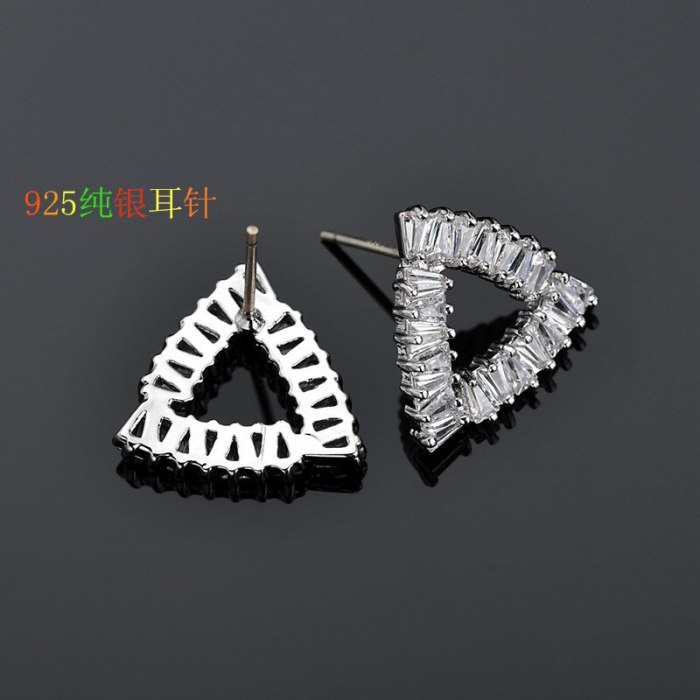 Geometric Triangle Stud Earrings 925 Sterling Silver Ear Pin Copper Inlaid AAA Zircon Fashion Earrings Jewelry Qxwe1169