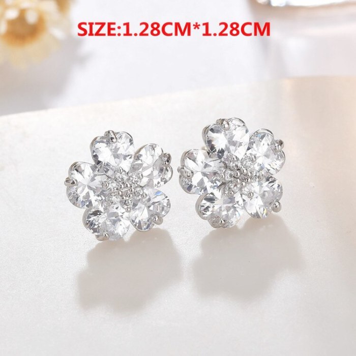 Lovely Petals Stud Earrings Copper Inlaid Zircon Sterling Silver Ear Pin Classic Exquisite Korean-Style Earrings Jewelry Qxwe968