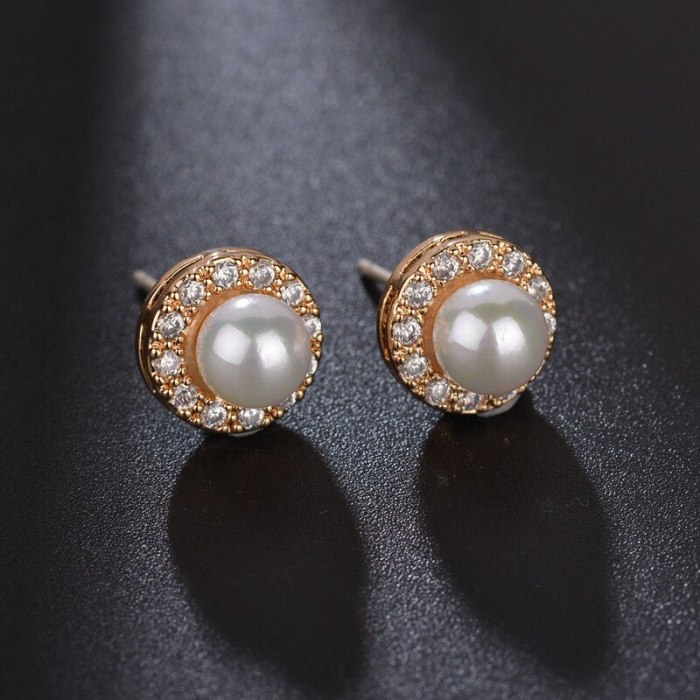 Pearl Zircon Earrings Inlaid with Korean-Style Fashionable Simple Girl's Stud Earrings 925 Silver Pin Qxwe794