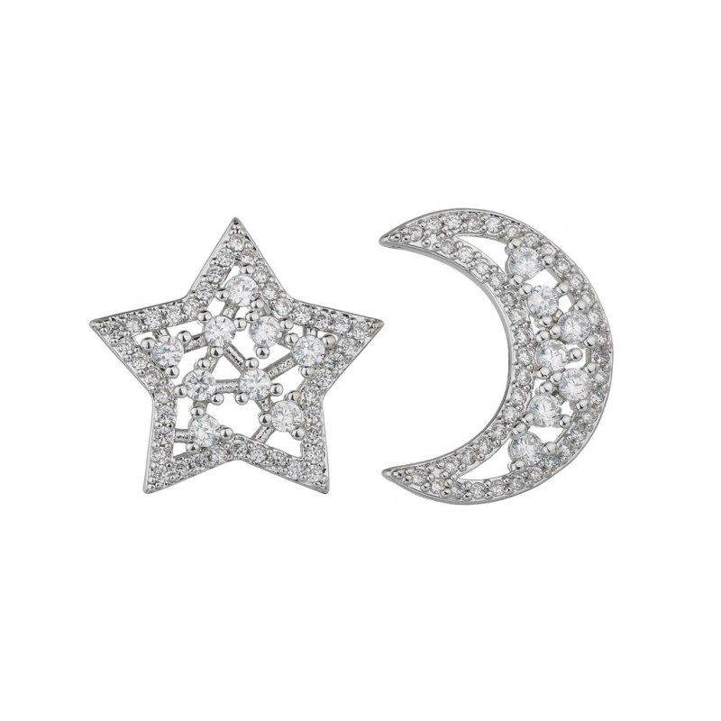 S925 Sterling Silver Stud Earrings Copper Inlaid Zircon Earrings Star Moon Asymmetric Earrings Jewelry Qxwe0577