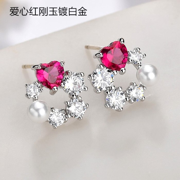 Simple S925 Sterling Silver Needle Lovely Pearl Ear Stud Zircon Pearl Inlaid Girl's Ear Stud Gift Accessories Qxwe1277