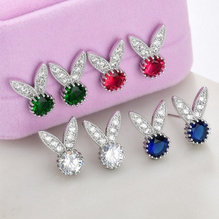 South Korea Creative Rabbit Micro Pave Stud Earrings AAA Zircon Ear Stud Cute Female Earrings  Wholesale Qxwe966