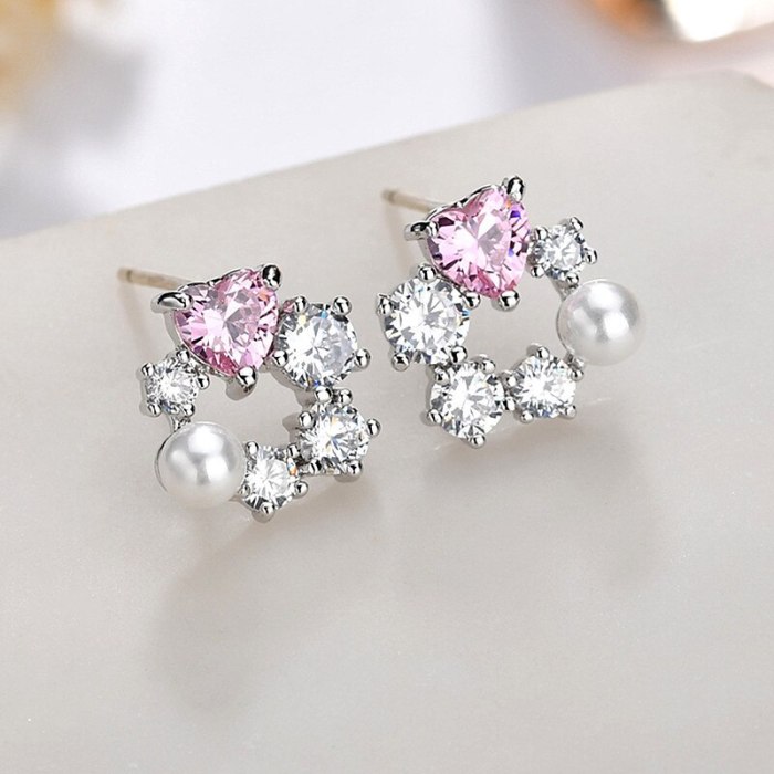 Simple S925 Sterling Silver Needle Lovely Pearl Ear Stud Zircon Pearl Inlaid Girl's Ear Stud Gift Accessories Qxwe1277