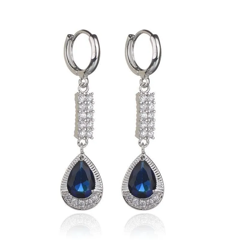 Korean Style Long Drop AAA Zircon Earrings Pendant Elegant All-match Blue Gemstone Earrings  Stud Earrings Qxwe679