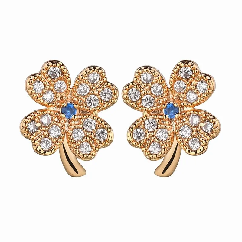 Korean Version of The Clover of Four Leaves Stud Earrings Leaves Ear Stud Zircon Inlay S925 Silver Needle Earrings QxWE665