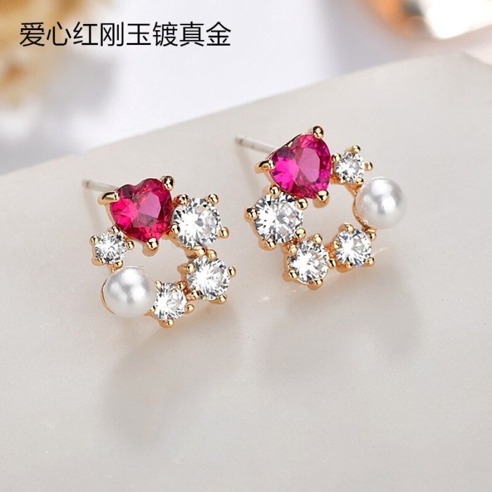 Simple S925 Sterling Silver Needle Lovely Pearl Ear Stud Zircon Pearl Inlaid Girl's Ear Stud Gift Accessories Qxwe1277