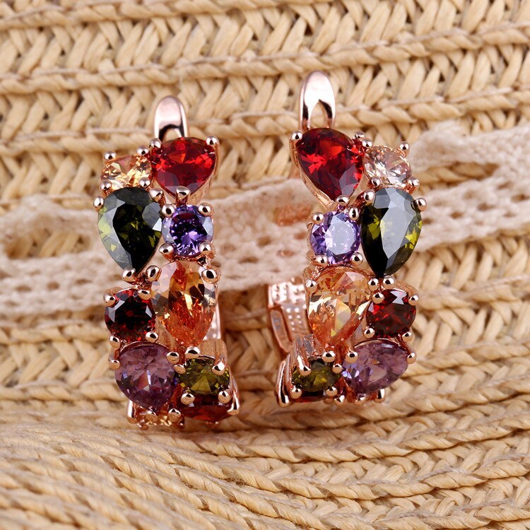 Colorful Earrings Clip AAA Zircon Inlaid Ear Stud Earrings Rose Gold Plated Earrings Qxwe559