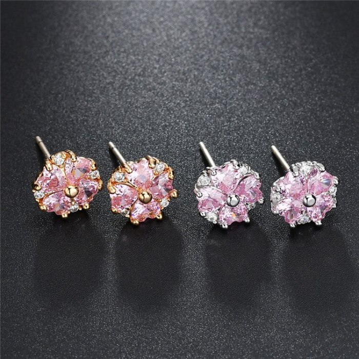Four-Leaf Lovely Stud Earrings S925 Sterling Silver Needle Korean Fashion Simple Lovely Pink Zircon Earrings  Wholesale Qxwe1178