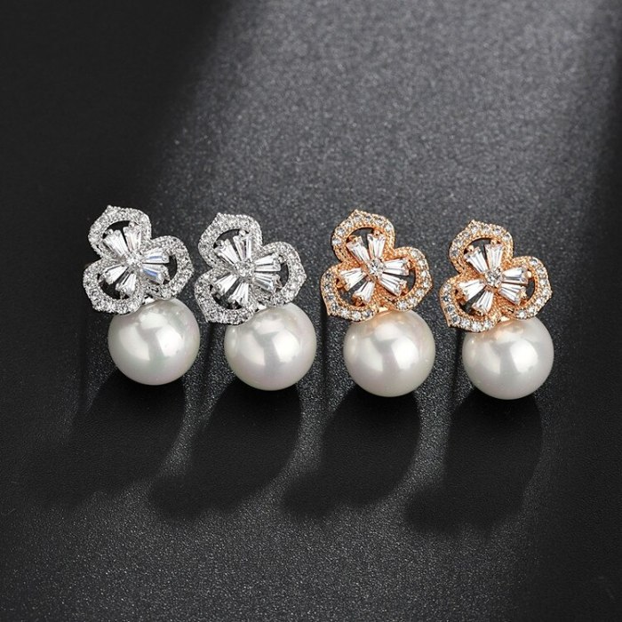 Flower In Water Stud Earrings Zircon Korean Fashion 925 Needles Pearl Ear Stud Earrings QxWE1368