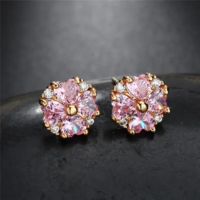 Four-Leaf Lovely Stud Earrings S925 Sterling Silver Needle Korean Fashion Simple Lovely Pink Zircon Earrings  Wholesale Qxwe1178