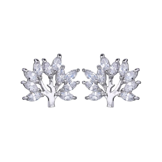 Lucky Tree AAA Crystal Zircon Earrings Korean Fashion Ear Stud Earrings Simple Plant Earrings Qxwe1055