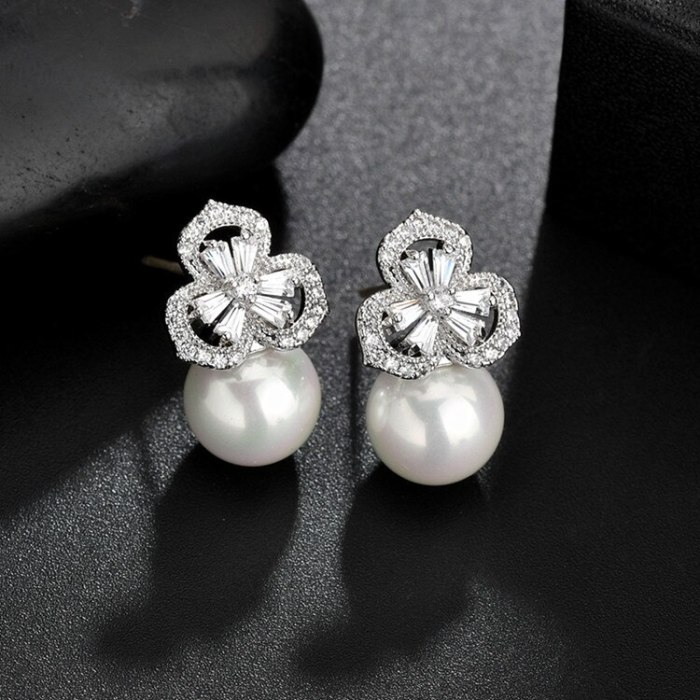 Flower In Water Stud Earrings Zircon Korean Fashion 925 Needles Pearl Ear Stud Earrings QxWE1368