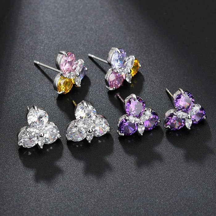 Copper Inlaid AAA Zircon Mixed Color Stud Earrings Korean-Style Elegant All-match Ear Stud Plated Platinum Qxwe237