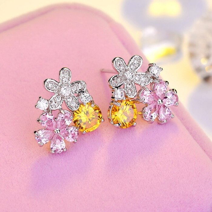 Girl's Heart Earrins Shiny Pink AAA Zircon Inlaid Korean-Style Exquisite Fashion Ear Stud Gift Female Qxwe1212