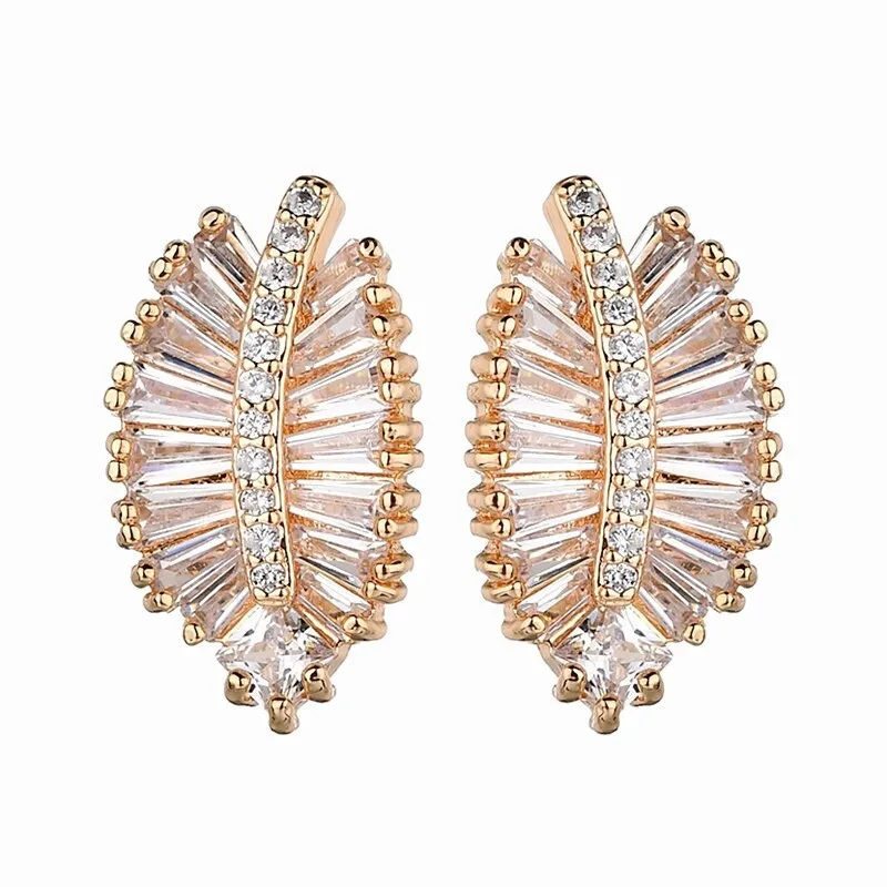Korean-Style Stud Earrings Champagne Gold Leaf Earrings AAA Zircon Inlaid 925 Sterling Silver Ear Pin Qxwe1220