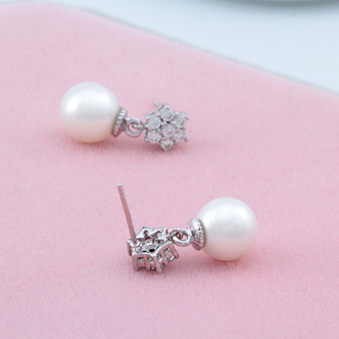 Round Pearl Earrings Inlaid AAA Zircon Snowflake Ear Stud Earrings Simple Girl's Heart Student Stud Earrings Qxwe636