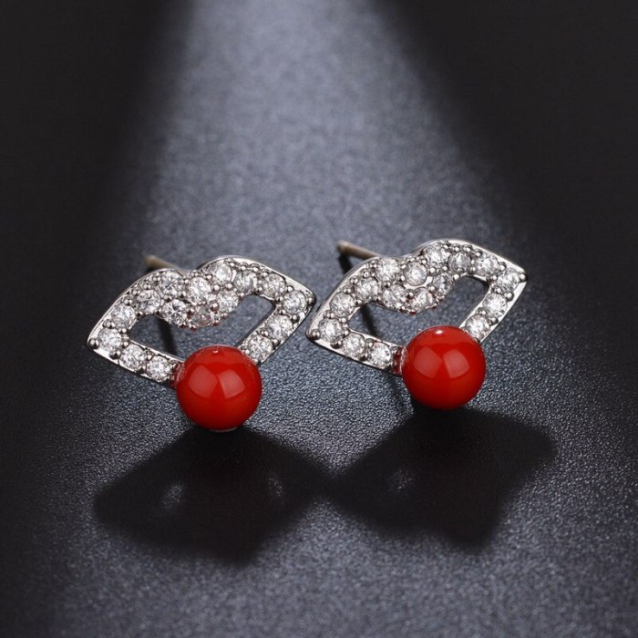 Women's Korean-Style Lip Red Stud Earrings Pearl Zircon Inlaid 925 Sterling Silver Stud Earrings Qxwe870