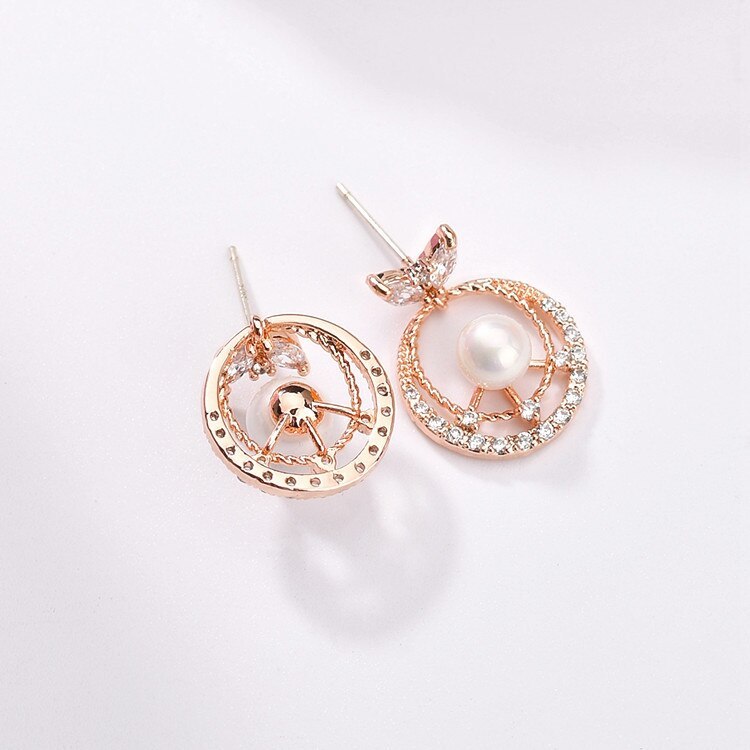 925 Sterling Silver Needle Hollow Zircon Pearl Stud Earrings Korean Fashion Women's New Pearl Earrings All-match Qxwe1194