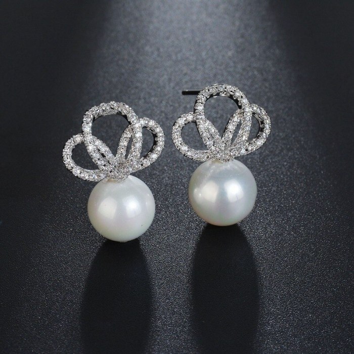 Shell Pearls Stud Earrings Crown AAA Zircon Inlaid Stud Earrings Gorgeous Earrings Plated Platinum Qxwe902