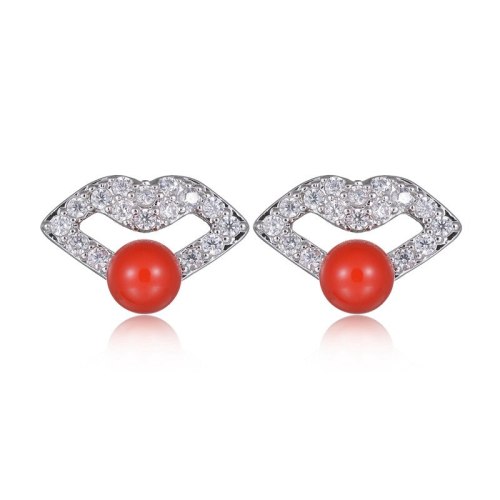 Women's Korean-Style Lip Red Stud Earrings Pearl Zircon Inlaid 925 Sterling Silver Stud Earrings Qxwe870