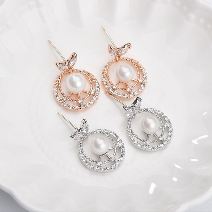 925 Sterling Silver Needle Hollow Zircon Pearl Stud Earrings Korean Fashion Women's New Pearl Earrings All-match Qxwe1194