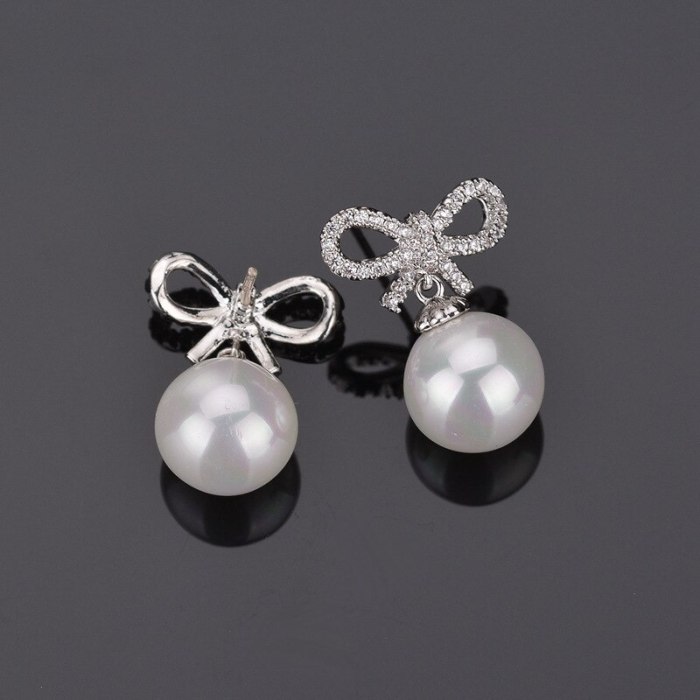Pearl Earrings Short Women's Pearl Bow Sweet Cute Korean-Style 925 Sterling Silver Pin Stud Earrings Qxwe856