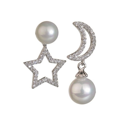 Korean-Style Cool Asymmetric Star-Moon Earrings Female Pearl Stud Earrings Fashion Exquisite Earrings Jewelry Qxwe862