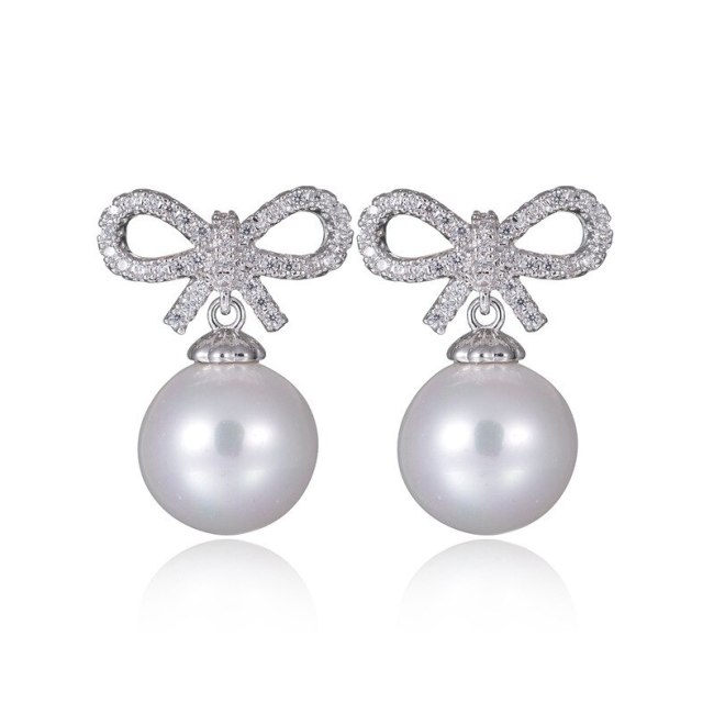 Pearl Earrings Short Women's Pearl Bow Sweet Cute Korean-Style 925 Sterling Silver Pin Stud Earrings Qxwe856
