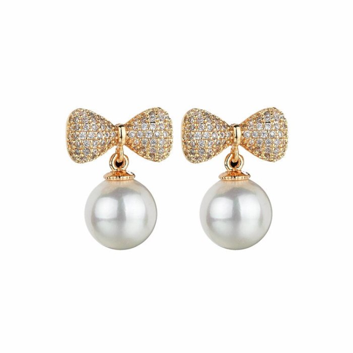 Bow Pearl Stud Earrings Copper Micro Pave AAA Zircon Pearl Earrings Pendant Fashion Classic Earrings  Qxwe932