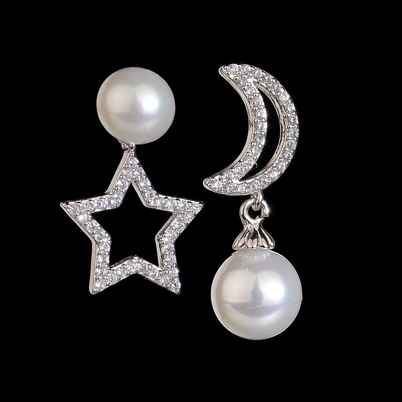 Korean-Style Cool Asymmetric Star-Moon Earrings Female Pearl Stud Earrings Fashion Exquisite Earrings Jewelry Qxwe862