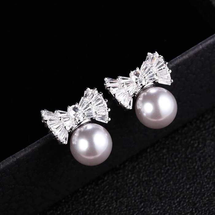 Bow Stud Earrings Copper 925 Silver Pin Inlaid AAA Zircon Pearl Earrings Jewelry Qxwe1021