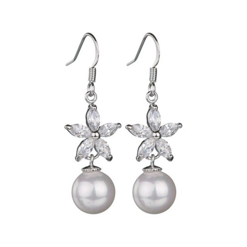 Copper Inlaid Zircon Pearl Earrings Flower Ear Hook Fashion Stud Earrings Plated Platinum Qxwe734