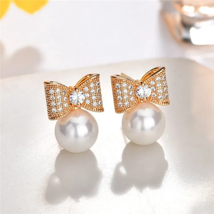 925 Sterling Silver Zircon Stud Earrings Bow Pearl Female Korean-Style Exquisite Earrings Jewelry Qxwe793