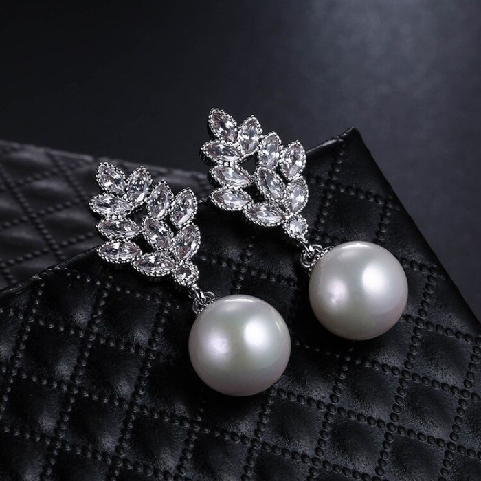 925 Sterling Silver Pin Korean-Style Pearl Stud Earrings Copper Inlaid Zircon Ear Stud All-match Earrings Girl's Heart Qxwe914