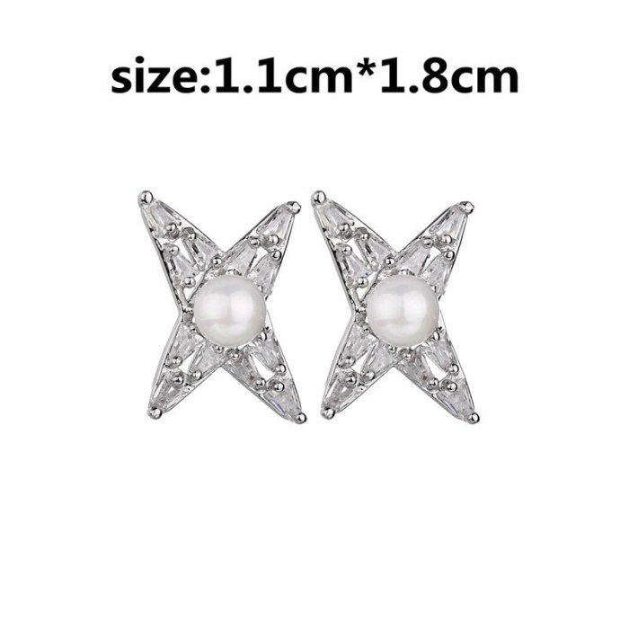 Pearl Stud Earrings AAA Zircon Inlaid 925 Sterling Silver Needle Earrings  Young Fashion Geometric Star Stud Earrings QxWE