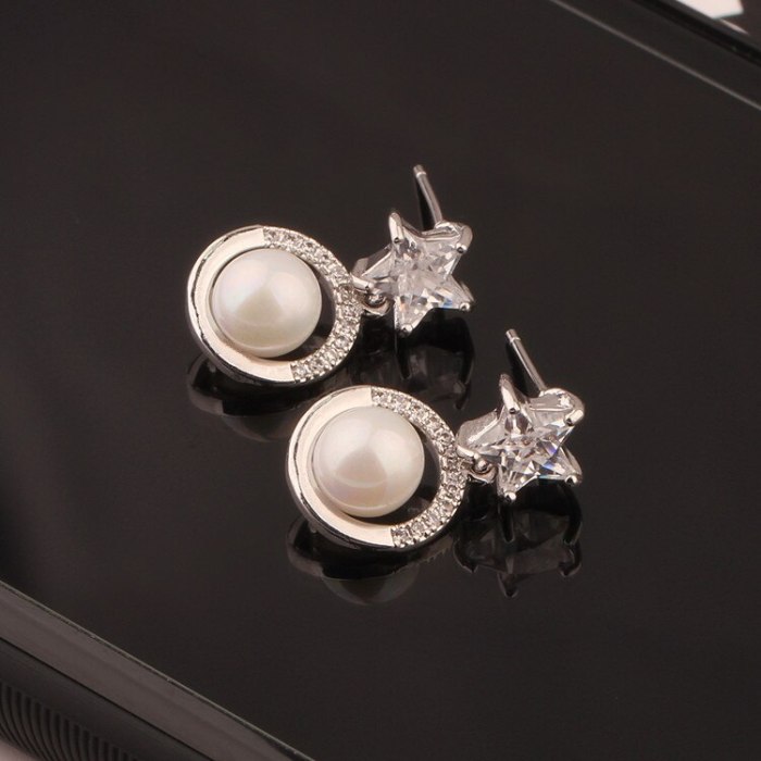 Five-Star Ear Stud Earrings Micro Pave Zircon Pearl Ear Pendant Earrings Korean-Style Women's Copper Jewelry  Qxwe1136