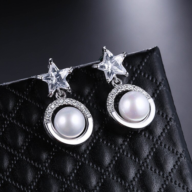 Five-Star Ear Stud Earrings Micro Pave Zircon Pearl Ear Pendant Earrings Korean-Style Women's Copper Jewelry  Qxwe1136